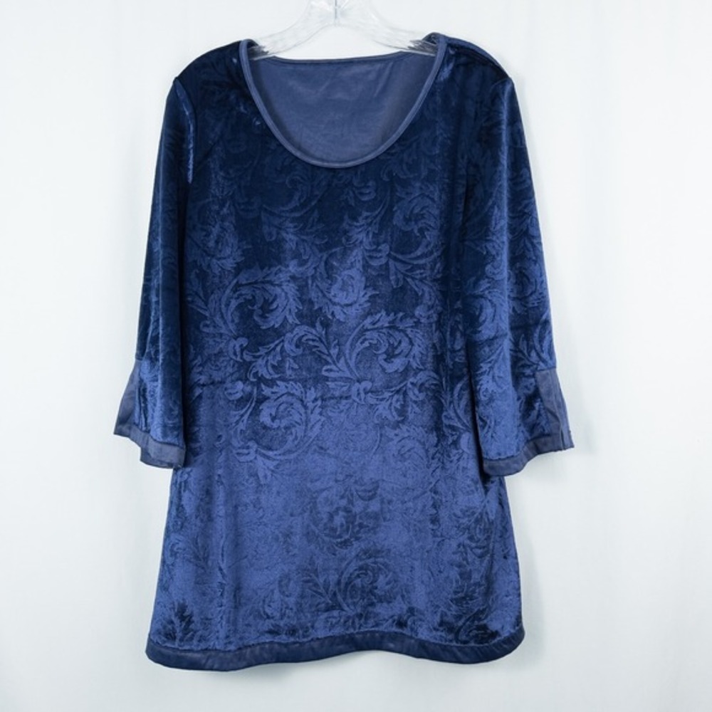 Velvet Embossed 3/4 Sleeve Tunic Top Womens Large Blue Whimsigoth Lagenlook Boho